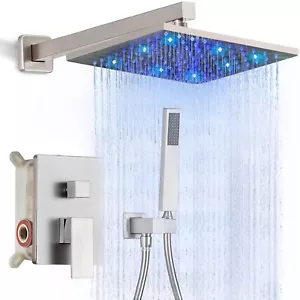 Brushed Nickel Shower Faucet Set with Valve 12in LED Rain Head Combo System Wall - Picture 1 of 11