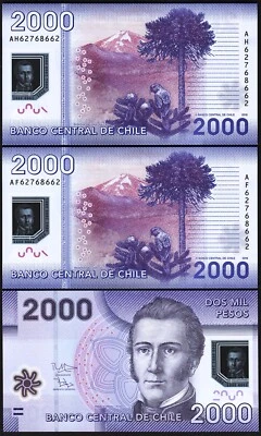 Chile 2000 Pesos 2016, UNC, 2 Pcs MATCHING (Same)Serial, 8 Digit,POLYMER, P-162f - Image 1 of 3