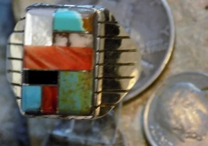 Mens  Ring Sterling Kingman Turquoise multi stone Navajo Trevor Jack Size 12 1/2 - Picture 1 of 11