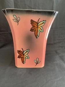 Vaso vintage Art Decò Nouveau ceramica smaltata salmone e nero con foglie 8x7x6 - Foto 1 di 10