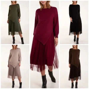 New Ladies Womens ROUND NECK JUMPER PLEATED DRESS SET Jumper Dress Pleated Dress - Picture 1 of 16