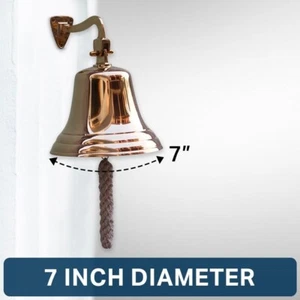 7" Solid Brass Wall Mounted Ship Hanging Bell Reception School Outdoor Indoor - Picture 1 of 10