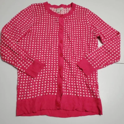 Cárdigan Suéter Merona Mujer Rosa Blanco Lunares Botón Crew Manga Larga S Foto 1 de 4