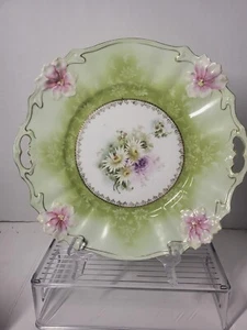 ANTIQUE VICTORIAN PORCELAIN CAKE PLATE 10" GOLD FILIGREE TRIM FLORAL - Picture 1 of 11
