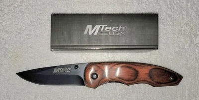 MTech MT-407 Wood grain Composite Handle W/ 440 Black Stainless Steel Blade New - Image 1 of 4