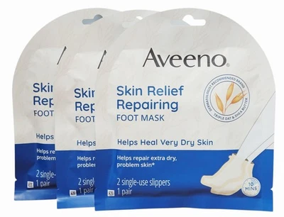 3 Aveeno Skin Relief Repairing FOOT MASK Triple Oat & Shea Butter Slippers - Image 1 of 2