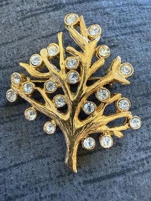 Prendedor vintage, broche joyería tono dorado árbol de Navidad, pedrería navideña patrimonio Foto 1 de 4