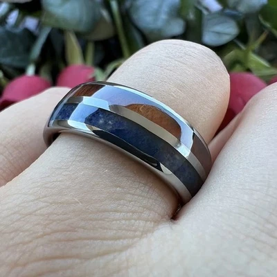 Anillo de carburo de tungsteno de 8 mm para hombre y mujer madera de lapislázuli koa pulida talla 6-15 Foto 1 de 3