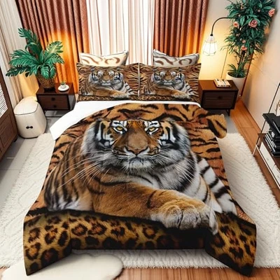 Juego de edredón con impresión 3D de tigre tamaño, juego de cama de animales salvajes 3 piezas King A-tiger Foto 1 de 4