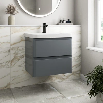 Bathroom Wall Hung Vanity Unit Wash 600 Basin Base Cabinet Drawers Storage Grey - Image 1 of 4