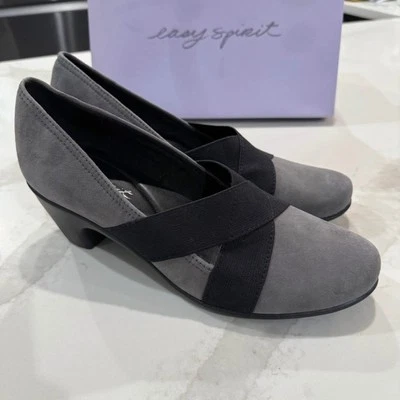 Easy Spirit Caranti 一脚蹬粗跟高跟鞋女式 10 灰色/黑色麂皮绒舒适 — 第 1/4 张图片