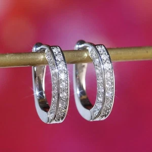 Pave 1.2mm Round Moissanite Hoop Earrings Women Sterling Silver GRA Certificate - Picture 1 of 9