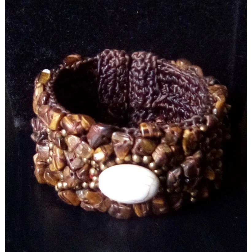 Boho Cuff Bracelet Tiger Eye Stone  Beaded Woven Adjustable Foto 1 de 1
