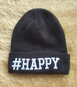 Gorro de invierno niña niño mujer hombre como nuevo punto fino negro #Happy (1542 - Imagen 1 de 2