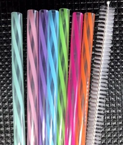 7 - 11" Reusable Straws Swirly Colored Plastic Acrylic NO RINGS + Cleaning Brush - Picture 1 of 4
