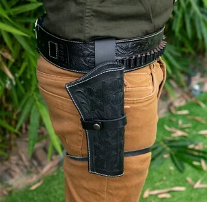 LEATHER WESTERN HOLSTER .44/.45/.22/.38 CAL GUN BELT DROP LOOP RIG SASS COWBOY - Picture 1 of 9