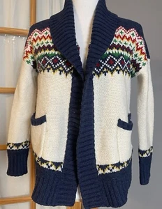 AEO Women’s Nordic Sweater Sz S Open Front Collared White Blue Knit Pockets - Picture 1 of 13