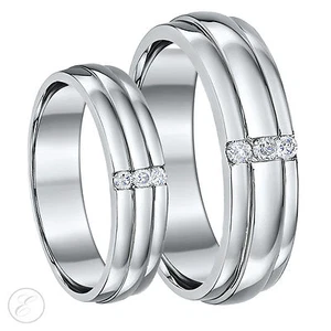 Palladium His & Hers Diamond Wedding Rings 5&6mm Grooved Three Diamond Rings - Picture 1 of 3
