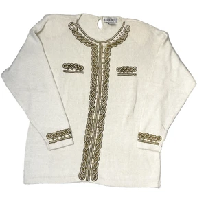 Victoria Harbour Women's Vintage Beaded Sweater Ivory Gold Size L 80s Retro Glam - Picture 1 of 9