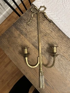 Vintage cast brass double candle sconce candle holder bow tassel troupe l'oeil - Picture 1 of 13
