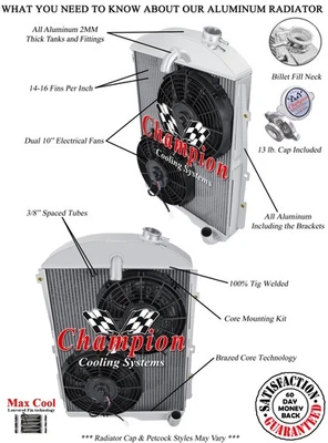 Rel Champion 3 Row All Aluminum Radiator W/ 2 10" Fans for 1938 Chevrolet Master - Image 1 of 4