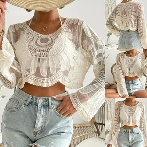 Women's Breathable Hollowed out Smock Shirt with Long Sleeves for Beach Outings - Picture 1 of 12