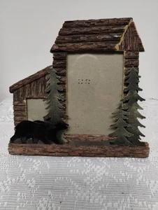Rustic Cabin Photo Frame. Cute wood cabin with two metal black bears and trees - Picture 1 of 4