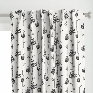Floral Stripes One Line Floral Black White Printed Custom Curtain Panel Set Of 2 - Picture 1 of 5