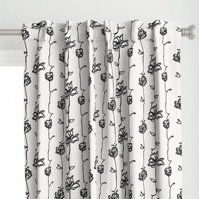 Floral Stripes One Line Floral Black White Printed Custom Curtain Panel Set Of 2 - Image 1 of 4