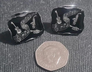 Large Black And Silver Cufflinks Instruments Orchestra Band - Picture 1 of 4