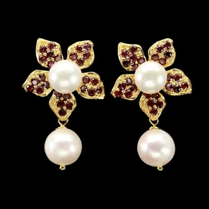 925 Sterling Silver Earrings Round Rhodolite Pearl Natural Gemstone Flower Jewel - Picture 1 of 13