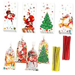 100 Pieces Christmas Cellophane Party Bags Xmas Treats Bags Cute Cookie Party - Picture 1 of 8