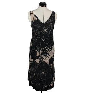 Max Mara Pura Seta Black Tan Floral 100% Silk Crepe Midi Dress US 10 uk 12 VTG - Picture 1 of 17