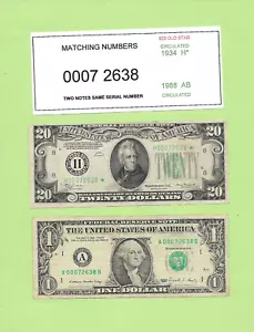 N1S .. MATCHING '0007 2638' .. 1934 $20 STAR ANOTE H-* & 1988 $1 A-B - Picture 1 of 2