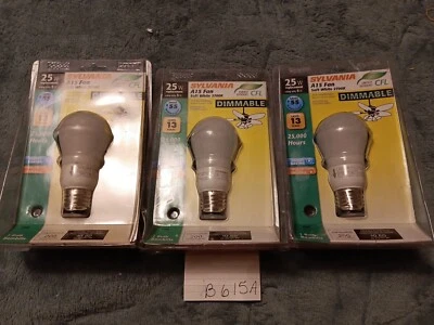 3 SYLVANIA DIMMABLE CFL 25 WATT 120V A15 FAN LIGHT BULB 2700K - Image 1 of 2