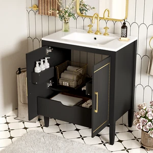 30"Bathroom Vanity w/Ceramic Basin,Soft Close Door,Built-in Hidden Drawer - Picture 1 of 13