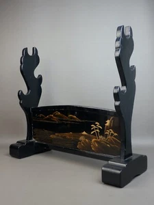 JAPANESE ANTIQUE EDO LACQUERED WOOD SWORD STAND KATANA KAKE GOLD GILT KIN-MAKIE - Picture 1 of 24