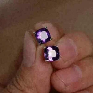 2Ct Cushion Lab Created Amethyst Solitaire Stud Earrings 14K White Gold Plated - Picture 1 of 6
