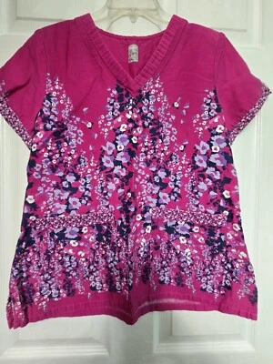 Med Couture Scrub Top Size M-Pink/Purple Floral V-Neck-Chest 19"/L 24.5" - Image 1 of 4