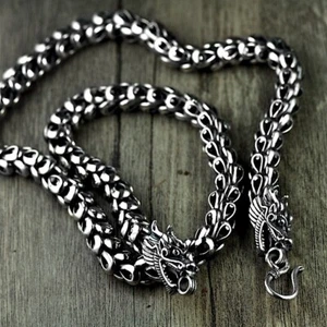 Solid 925 Sterling Silver Mens Heavy 8mm Double Dragon Chain Clasp Necklace - Picture 1 of 6