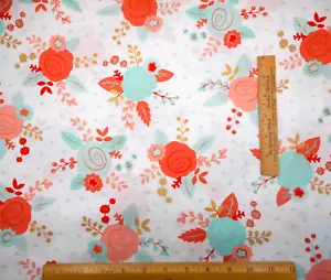 Quilt Fabric By Yard Orange Peach Teal Metallic Gold Floral White Premium Cotton - Picture 1 of 2