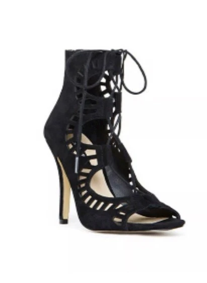 SHOEMINT Black Faux Leather Suede Lace Up Tie Booties Heels Corset Sandals 8 - Image 1 of 4