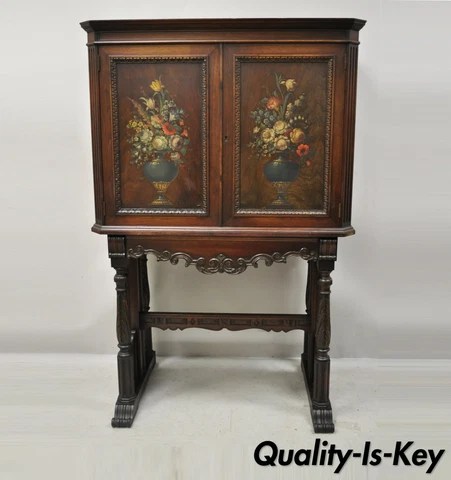 Antique Jacobean Floral Handpainted Carved Walnut Blind Door Cupboard Cabinet Cover