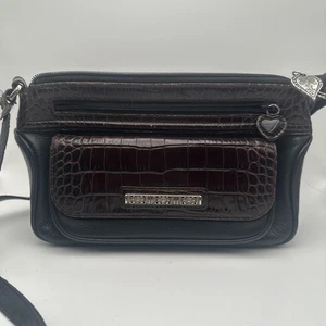 Brighton Crossbody Leder Geldbörse schwarz/braun Kroko-Prägung Organizer Portemonnaie - Bild 1 von 9