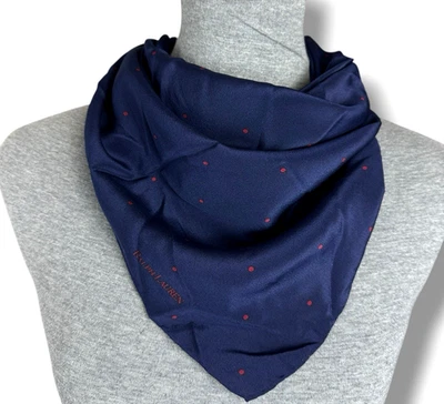 Ralph Lauren Women’s Silk Scarf Navy Blue with Red Polka-Dots 30" Square Vintage - Image 1 of 4