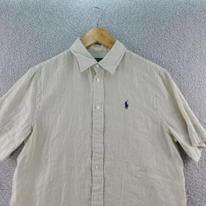 Mens Polo Ralph Lauren Linen Short Sleeve Button Up Shirt Size S Beige Pony Y2K - Picture 1 of 8