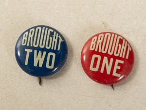Brought One & Two Pinback Button (B9B-48/JSF6) Sunday School Prize Long Pin VTG - Picture 1 of 6