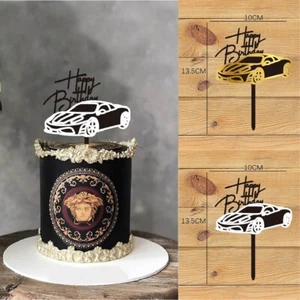 Acrylic Cake Topper Happy Birthday Racing Car Black Gold White Cake Decoration - Picture 1 of 4