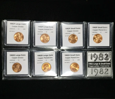 1982 P+D Lincoln Cent Seven Coin Small and Large Date Penny Set - BU Cover