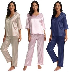 Women Satin Faux Silk Sleepwear Nightwear Long Loungewear Lace Pajamas Set - Picture 1 of 15